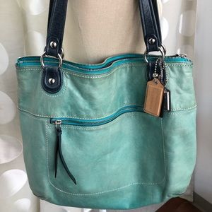 Coach Leather Tote Turquoise/Navy Leather